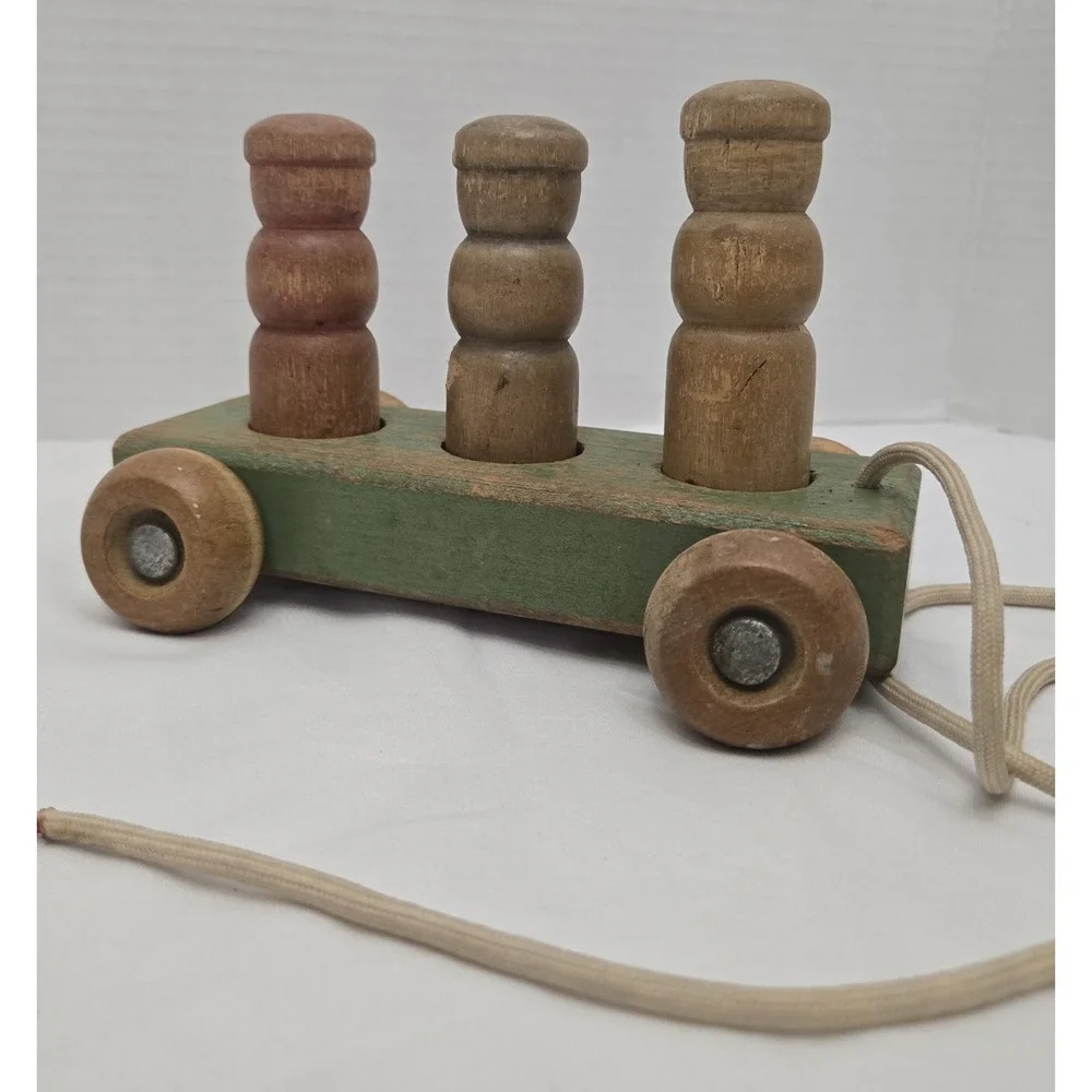 Holgate Wooden Pull Toy with 3 People Pegs, Vintage Kids Learning Original Paint